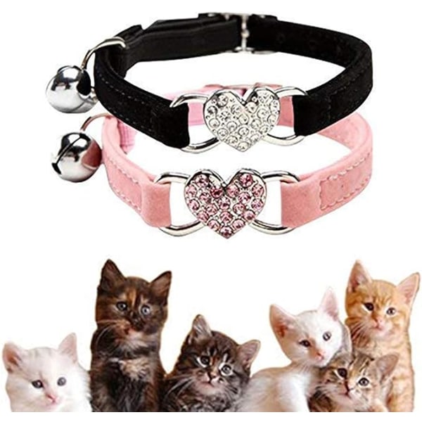 2-delt love flocked farvet diamantklokke kattehalsbånd (sort og pink), sød lille kattehalsbånd, kattehalsbånd med klokke og elastik