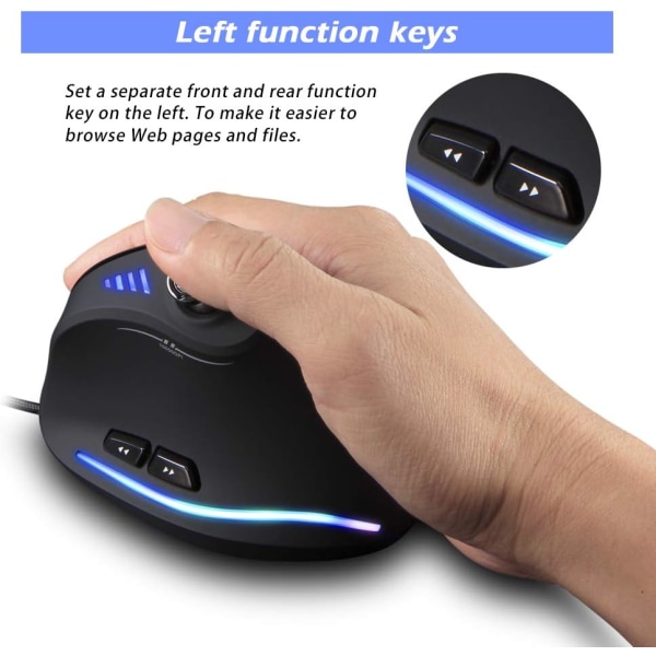 Mus, ergonomisk USB-kablet vertikal mus med [5 D Rocker] [10000 DPI] [11 programmerbare knapper], RGB-spillmus for spillere/PC/datamaskin