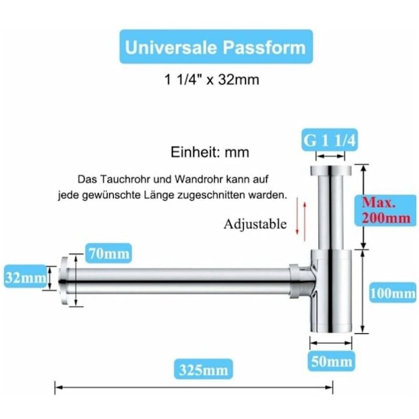 Messingsluk for vask, Universell Slukdesign 1 1/4 x 32mm, Anti-lukt, Krom