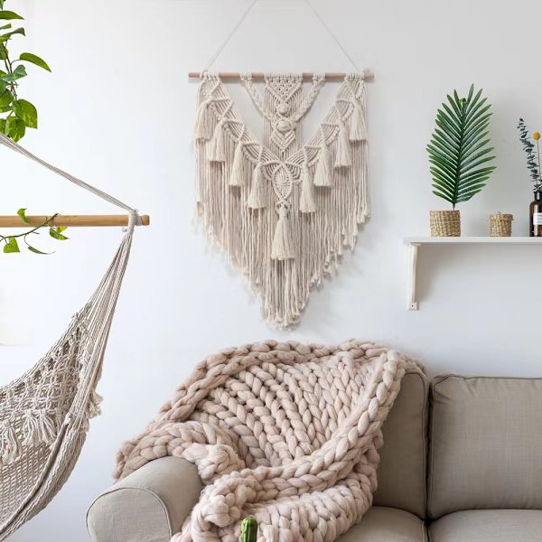 Spetsvävd väggdekoration drömfångare triangel tofs geometrisk heminredning vägg (beige)