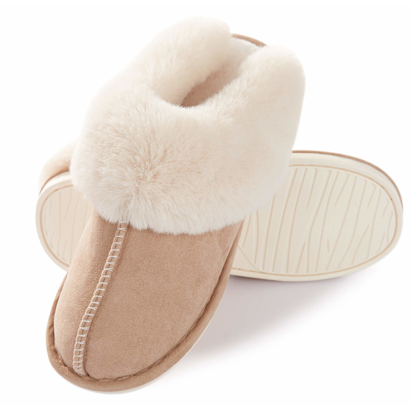 Kvinders hjemmesko med memory foam, bløde og varme hjemmesko med slip-on, skridsikre, komfortable plys til indendørs og udendørs brug (khaki farve)