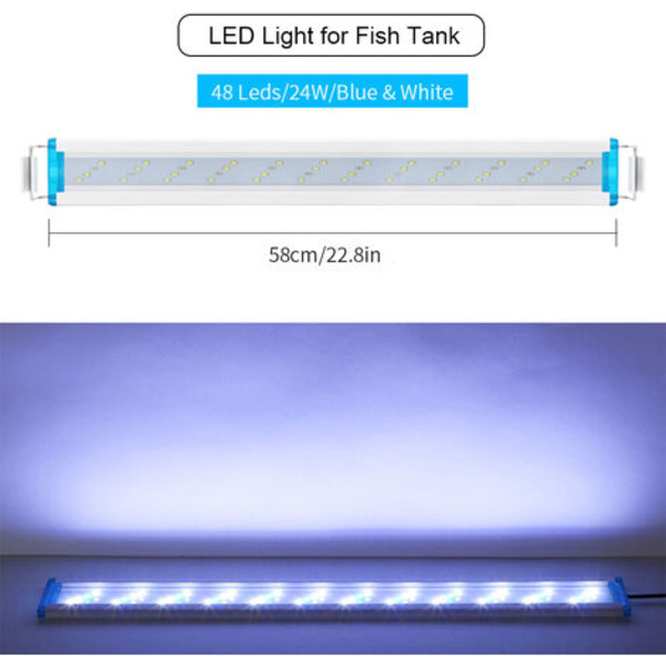 LED Akvarielys 58cm/22.83in Akvarielys 5.12in Udtrækkelige Beslag Hvid Blå LED til Ferskvands Planter Tanke, Model: Hvid EU Stik XXL
