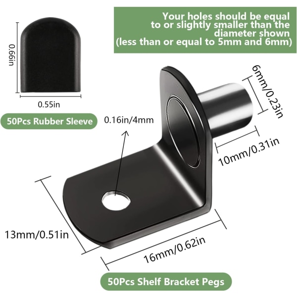 Svart - 50 stk. Forkrommet stål L-formet hyllebrakett, 1/4\" L-formet brakett stil skaphyllebrakett med gummihylse, for kjøkkenhylle og hun