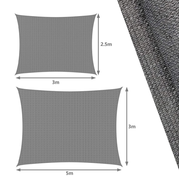 3x2,5 m grått rektangulärt skärmsegel med fixeringssats UV-skydd