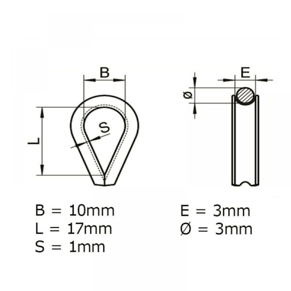 1 stk. 3 mm rustfrit stål -formet hjerteformet terminal, 304 metal kabelbeskyttelsesring