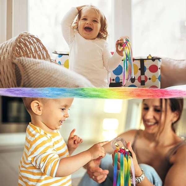 2-Pak Sensorisk Træring Babylegetøj - Baby Rainbow Ribbon Rattle