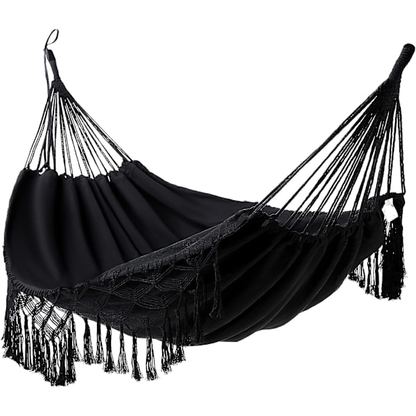 200*150cm svart utendørs hengekøye dobbel bomull brasiliansk hage hengekøye egnet for 2 voksne ideell for uteplass, veranda, reiser, camping, hage