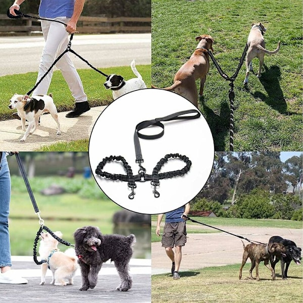 Hundeeliner til 2 hunde, Tangle-Free Dobbeltline til hunde, der går i træning 360° drejelig justerbar reflekterende længde Dobbelttrådsdeler til to D