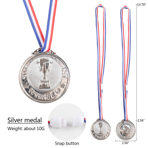 Medaljesæt, 6 cm hver, 3 podiemedaljer med halskæde, guld, sølv,