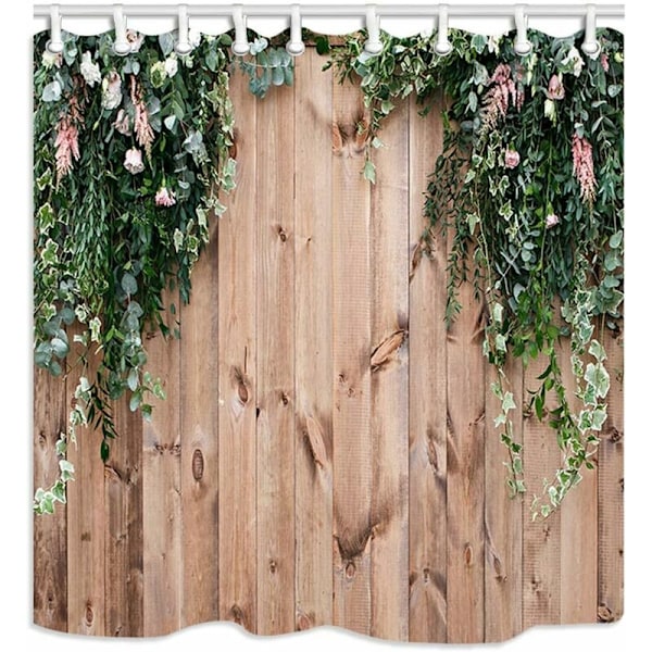 Blomstermotiv og blade - 180 x 180 cm - Dekorativt bruseforhæng i træ med 12 kroge -
