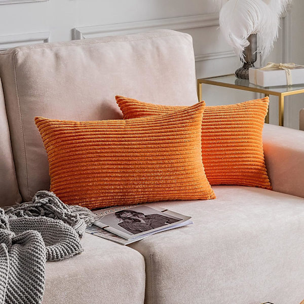2 stk. Rektangulær Cordfløjl Stribet Aflang Pudebetræk til Sofa Lændepudebetræk, Brændt Orange