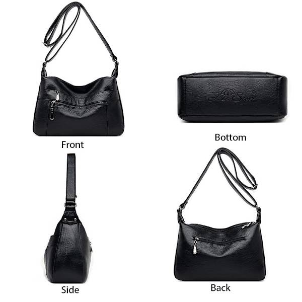 Kvinners skinn crossbody-veske med flere lommer, myk skinnveske for kvinner, lett med justerbar stropp (svart)