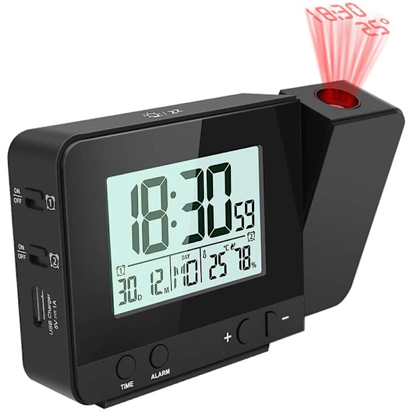 Digital projektionsväckarklocka för sovrum, stor takprojektionsväckarklocka med USB-port, batteribackup, 180 ° projektor, LED-skärm, svart