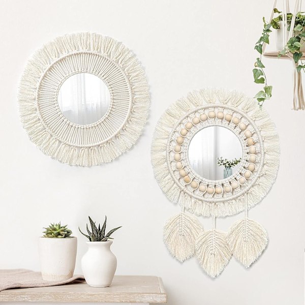 2 st hängande väggspegel med fransar set runda boho antika vävda speglar konstdekor för lägenhet vardagsrum sovrum barnrum