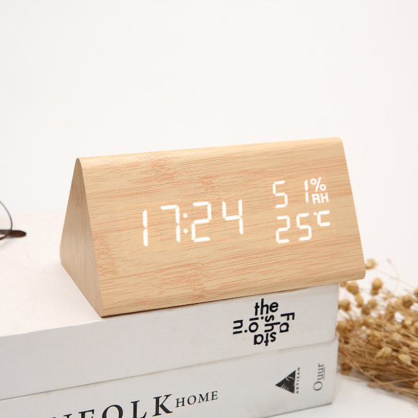 Triangulär träväckarklocka kreativ ljudkontroll LED temperatur och luftfuktighet trä digital elektronisk klocka trä vit vitt ljus（Wood br