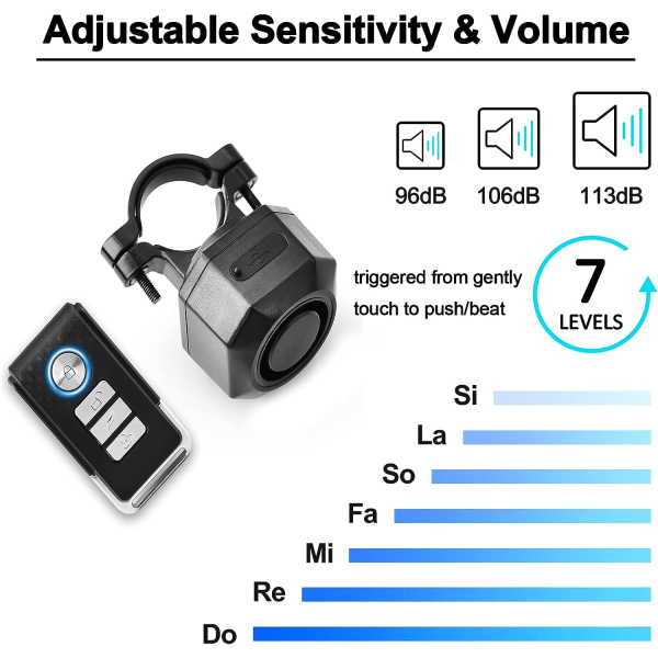Cykelalarm med montering, USB genopladelig trådløs tyverialarm, 110db lydstyrke og følsomhed justerbar sensor indbrudssystem med fjernbetjening