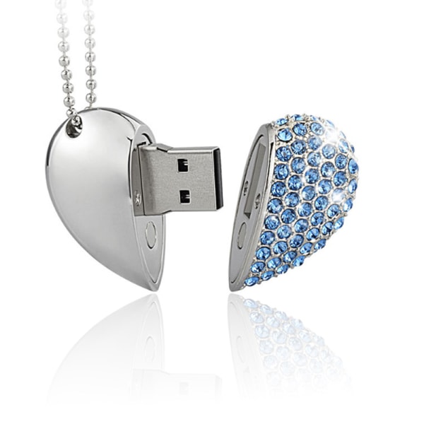 Hjerteformet diamant USB-flash-stasjon (blå 32GB), avansert hjerte
