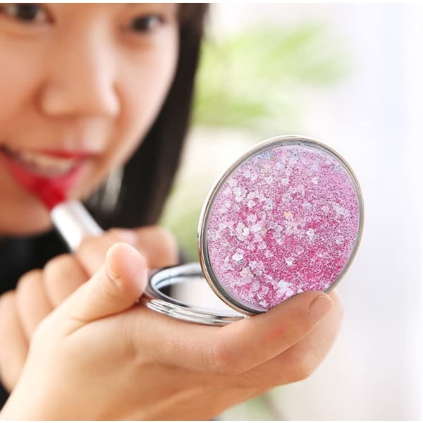 Kompakt spejl, lommespejl, rund dynamisk kviksand dobbeltsidet foldbart bærbart lomme mini makeup spejl (pink)
