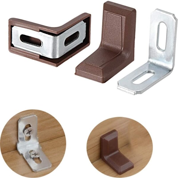 Parti med 40 vinkeljern i metall og plast formet som L, vinkeljern i rett vinkel formet som L, brun (28 mm x 28 mm x 18 mm)