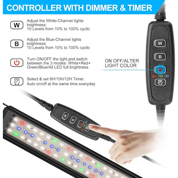 Akvariebelysning, Full Spectrum Akvarie LED Strip Lys med Controller, 10 Justerbare Lysstyrkeniveauer, 6/10/12 Timers Justerbar Timer.