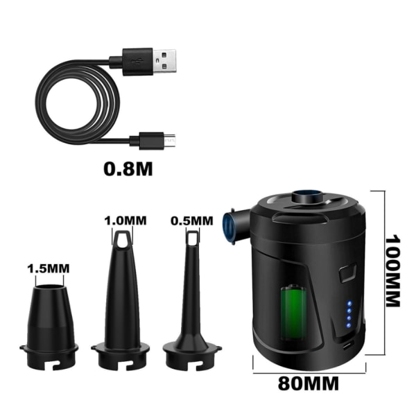 Sähköpumppu 2 in 1 Kannettava langaton USB-ladattava täyttö- ja tyhjennyspumppu, minikokoinen ilmapumppu 5 suuttimella patjalle, retkeilytyynylle, veneelle, uim