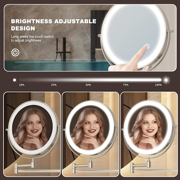 8 tommer LED makeup spejl med 3 farvetilstande, belyst forstørrelsesspejl med 0,5 timers automatisk sluk-funktion, batteriopladning vægspejl, gavevalg (Nick