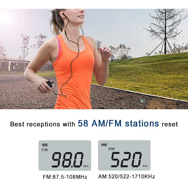 Lomme Radio Mini Bærbar Radio AM FM Lomme Radio 2 Bånd Stereo DSP Digital Tuning Mottaker med Hodesett USB Oppladbar Flott for Gåing