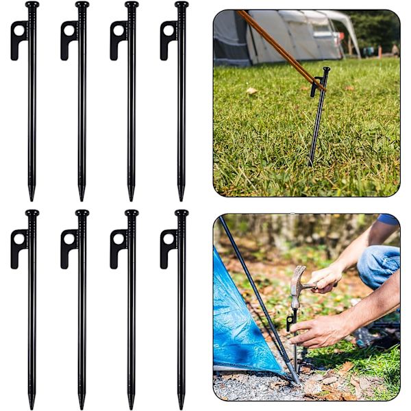 8 stk kraftige teltplugger, teltplugger, metallplugger, 20 cm høye styrke smidd jern camping teltplugger med krok og hull for camping, camping ca