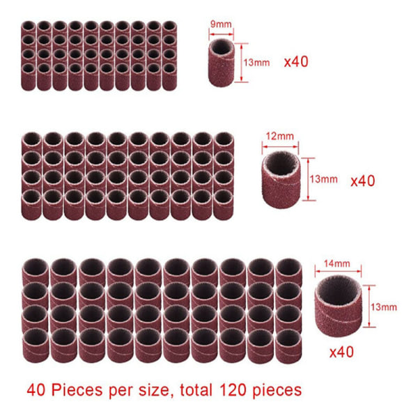 132 deler slipesett med gratis boks, inkludert 120 deler slipebånd og 12 deler trommelspindel for Dremel roterende verktøy