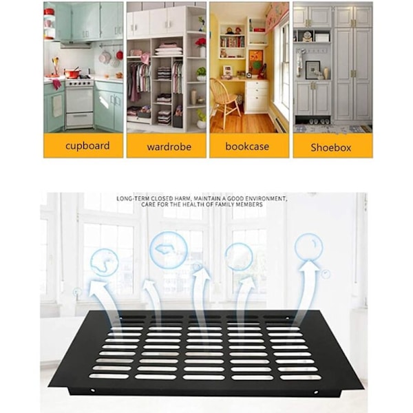 2 stk. ventilationsrist, ventilationsrist i aluminiumslegering, sort rektangulær udluftning kan bruges til skabe, skoskabe, portaler