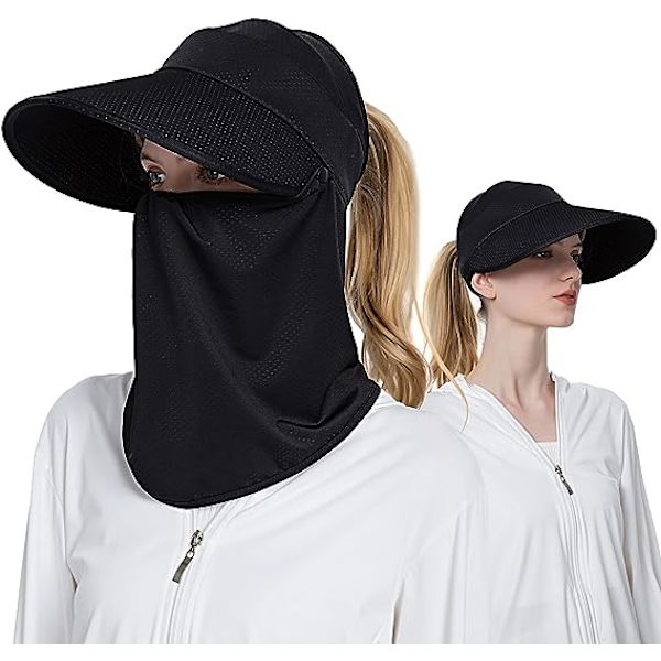 Svart (51 cm) - Bred solhatt för kvinnor med avtagbart nackskydd, sommar anti UV UPF 50+ andningsbar packbar tom topp dam solhattar, kepsar visir ut