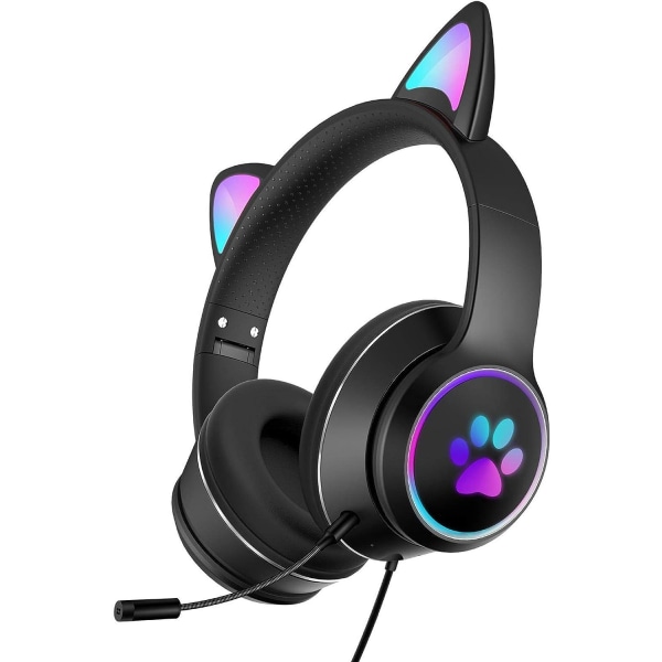 Sort - 1 par Cute Cat Ears Gaming-hovedtelefoner, foldbare, strækbare