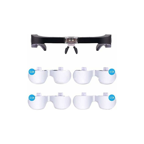 Suurennuslasit 2 LED-valolla, Suurennuspanta Handsfree-suurennuslasit 4 irrotettavalla linssillä lukemiseen, korusepälle, ompeluun ja DI