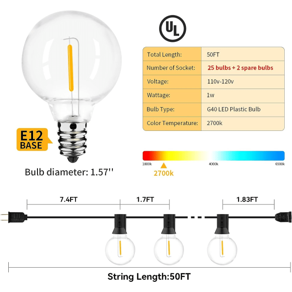 25 jalkaa 27 himmennettävällä G40 LED-lampulla, rikkoutumattomat kirkkaat lamput, UL-luetteloidut, vedenpitävät pallovalosarjat 1W 2700K ulkovalaistus (25 jalkaa)
