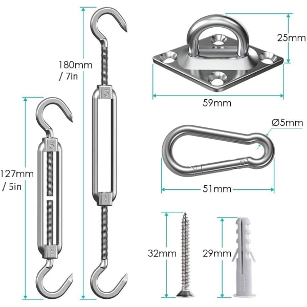 Skygge Segl Feste Kit - 304 Rustfritt Stål Skygge Segl, Skygge Segl Feste Kit for Trekant, Firkant Rektangel, Heavy Duty an