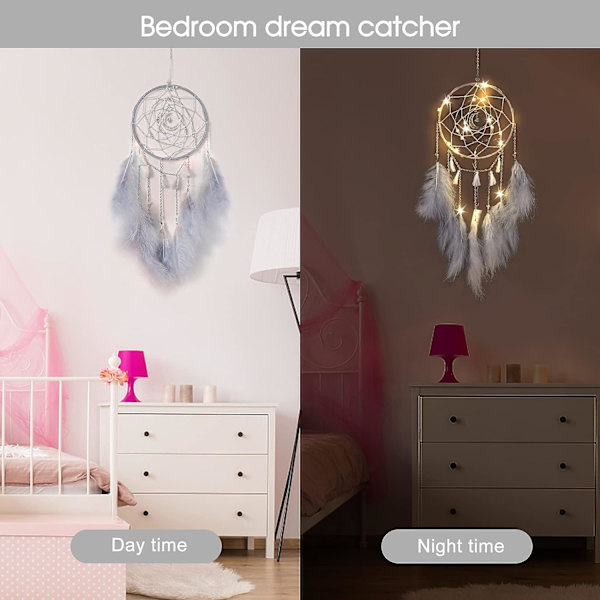 Lille drømmefanger med LED-lys, håndlavet drømmefanger med fjer, drømmefanger vægdekoration hjem ornament (Moonlight Powder)