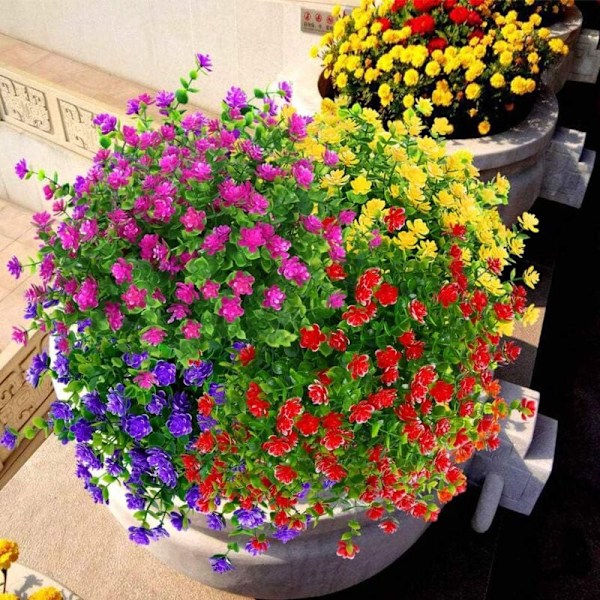Konstgjorda blommor falska buxbom buskar resistenta mot UV utomhus 12 paket, konstgjord plast grönska för exteriör interiör hängande planteringskärl hemma firma w