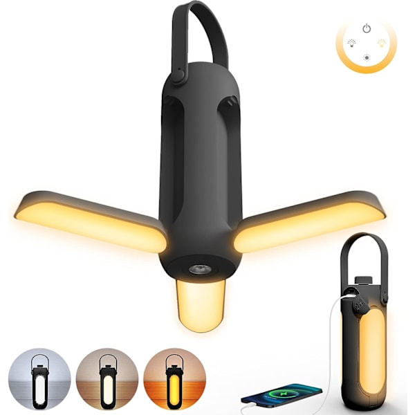 Oppladbar sammenleggbar campinglampe (svart og grå), 10000mAh LED-campinglampe med 3 dimmemoduser for telt, utendørs piknik, fotturer eller innendørs Blac