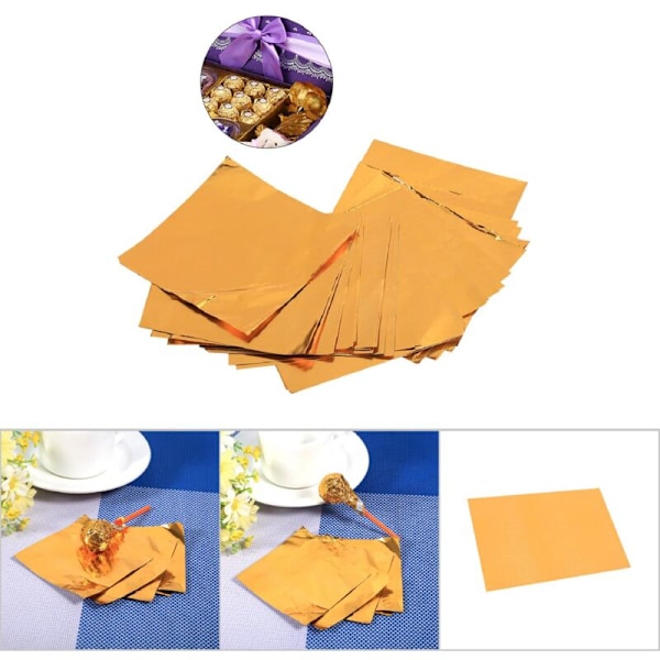 Sæt med 100 firkantede aluminiumsemballager til slik, chokolade, slikkepinde, 7,6 x 7,6 cm, guld