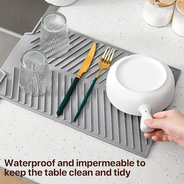 Silikone opvaskemåtte til køkkenbord, stor gummimåtte til tørring af opvask, glas 39*25 cm (grå)