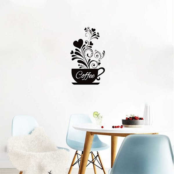 Kjøkken veggklistremerker \"Kaffekopp + Blomst\" - Avtakbar veggdekorasjon for kaffe, bar og kaffestasjon - 26,5 x 45 cm