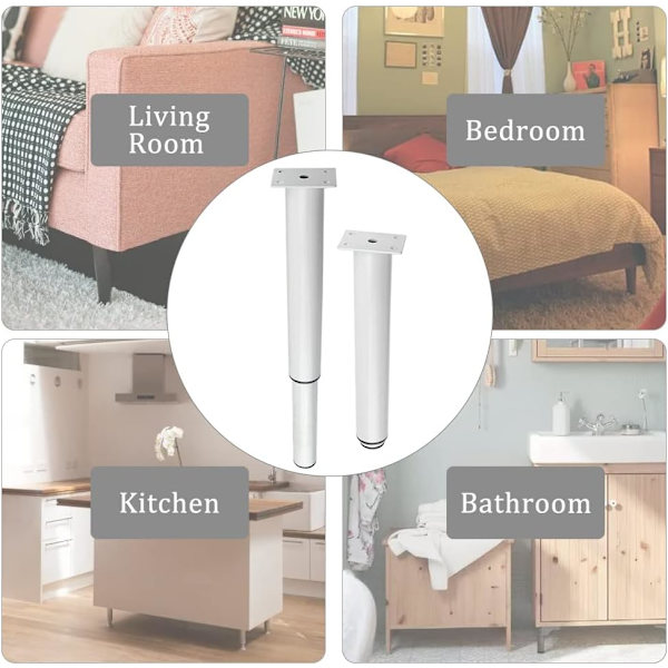 Sæt med 4 robuste og justerbare metalben til borde, senge, sofaer (25-42 cm, hvid)
