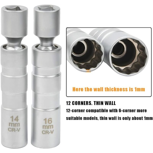 Sweight-kynttiläavain 16mm/14mm, magneettinen kynttiläavain, yleismallinen magneettinen nivelkynttiläavain autojen sytytystulppien irrottamiseen, tulppa-avain 14mm/16mm