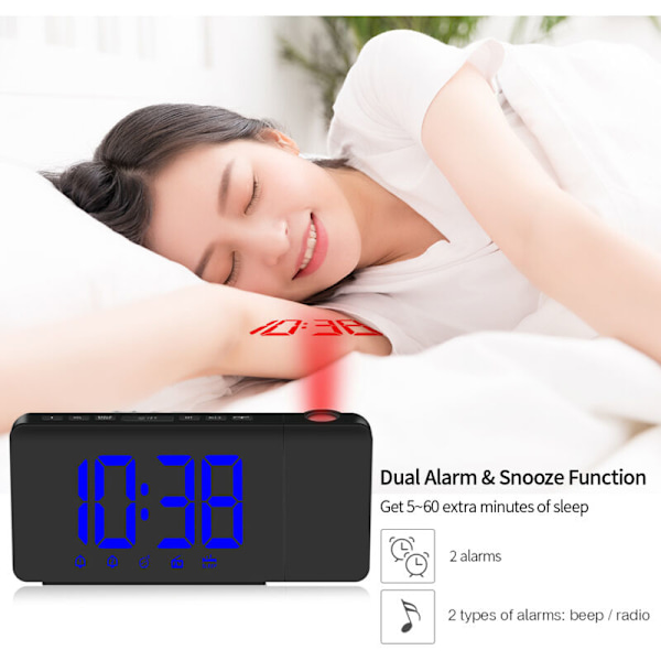 LED projektionsväckarklocka med USB-kontroll, FM-radio med variabel intensitet, skrivbordsklocka med roterande projektor, dubbellarm, snooze-funktion - blå