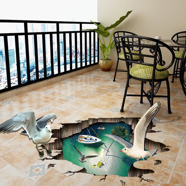 Seinätarra Sisustus 3D Realistinen WC Lattia Vedenpitävä Valtameri Ranta Lokki 90*60cm