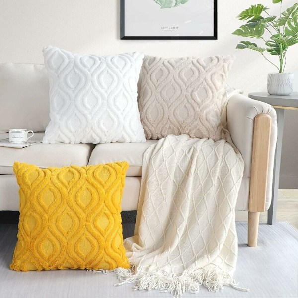 Dekorativa kuddöverdrag 45 x 45 cm, Boho-örngott i fuskpäls, suddig beige kudde i mjuk plysch för soffa, vardagsrum, sovrum, l