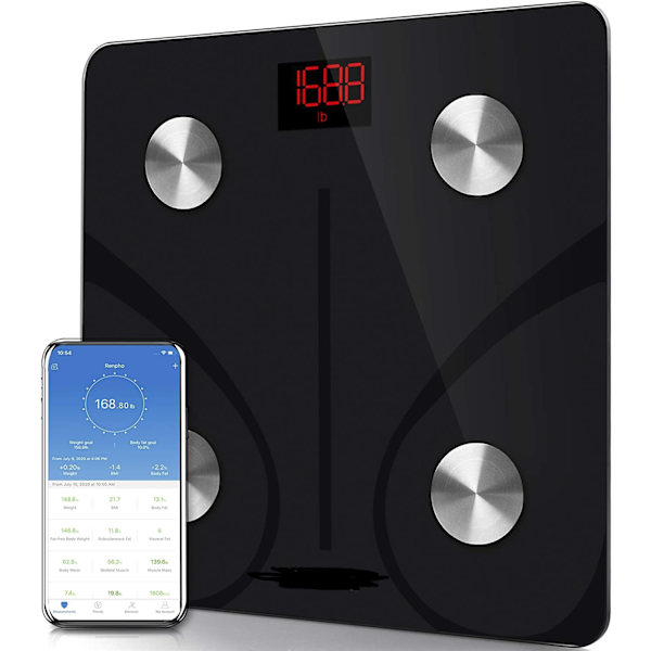 Vågar, Bluetooth-anslutna vågar, impedansmätare med 13 kroppsmått (BMI/kroppsfett/benmassa/BMR/muskel/vatten) Laddningsbar