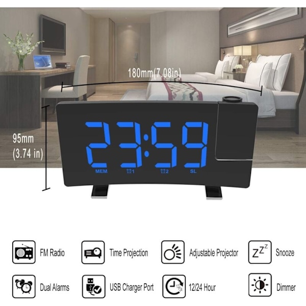 (Blå) Radio Vækkeur med Projektion, Vækkeur 180° Loftprojektion, FM USB digitalt ur med dobbelte alarmer, snooze, standby-timer, 12/24 timer, l