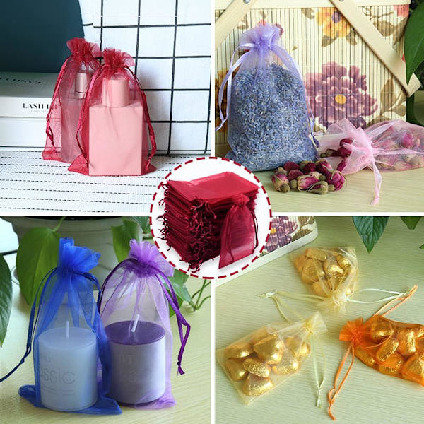 100 kpl 10 x 15 cm viininpunaiset organza-pussit, organza-lahjapussit, organza-korupussit karkkipussit häälahjapussit nauhalla, joita käytetään häihin,