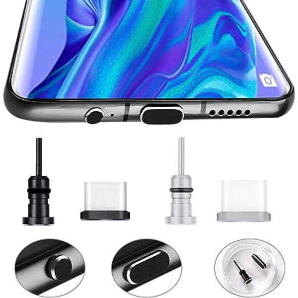 2 par telefon dammskydd, dammskydd för USB-C-kontakt och 3,5 mm-uttag, Plug n Protect för Galaxy S10/S9/S8, Huawei P9/P10/P20, Nexus 5X/6P